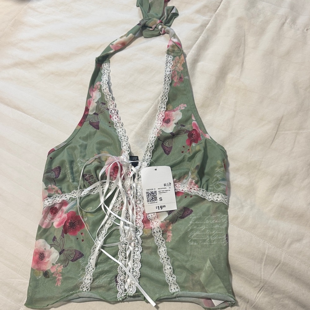 Forever 21 Green Floral Halter Top